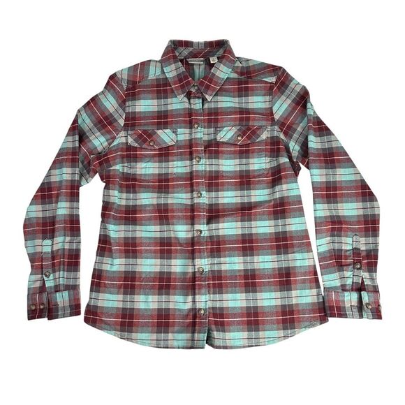 LL Bean Womens Plaid Flannel Shirt size Large Turquoise Rust - Picture 1 of 8